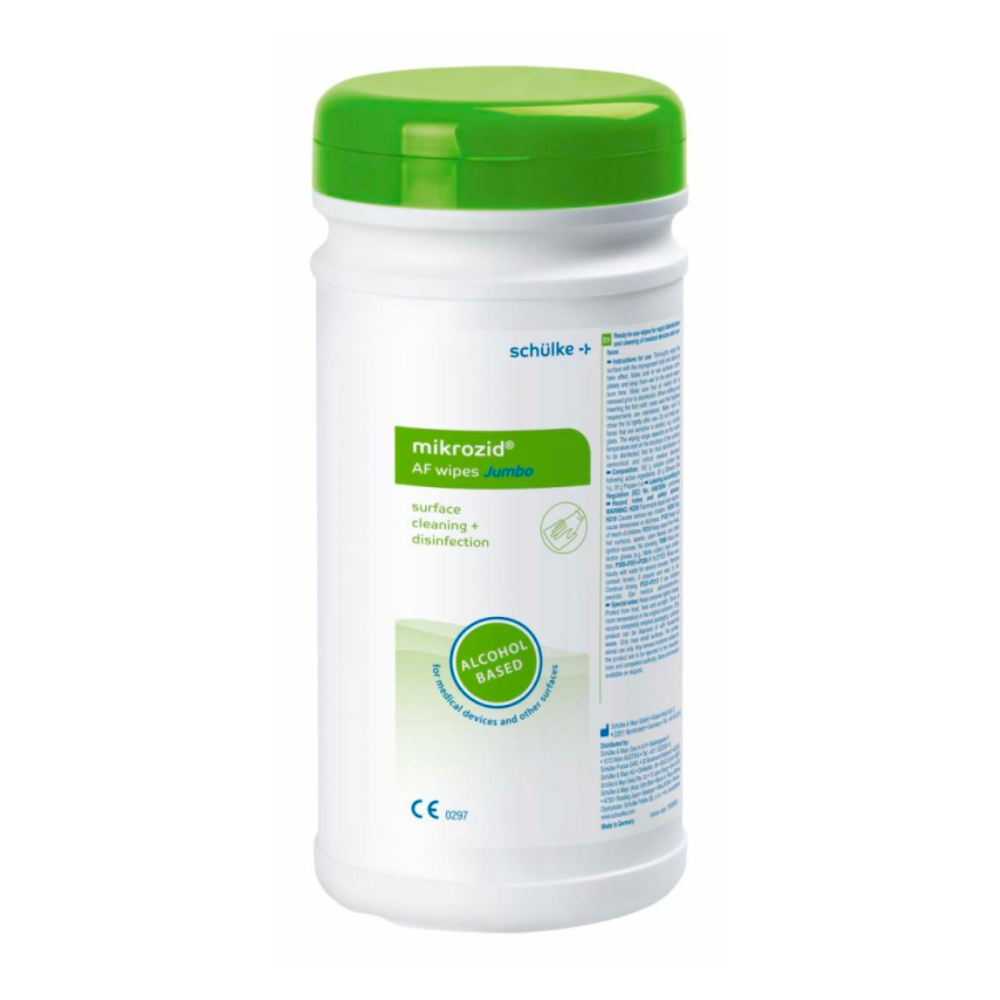Ein Behälter mit Schülke & Mayr GmbH mikrozid® AF wipes Desinfektionstücher Dose - 150 Tücher mit grünem Deckel. Das Etikett enthält mehrsprachigen Text und Symbole, die darauf hinweisen, dass die Produkte alkoholfrei, oberflächenreinigend und desinfizierend sind.