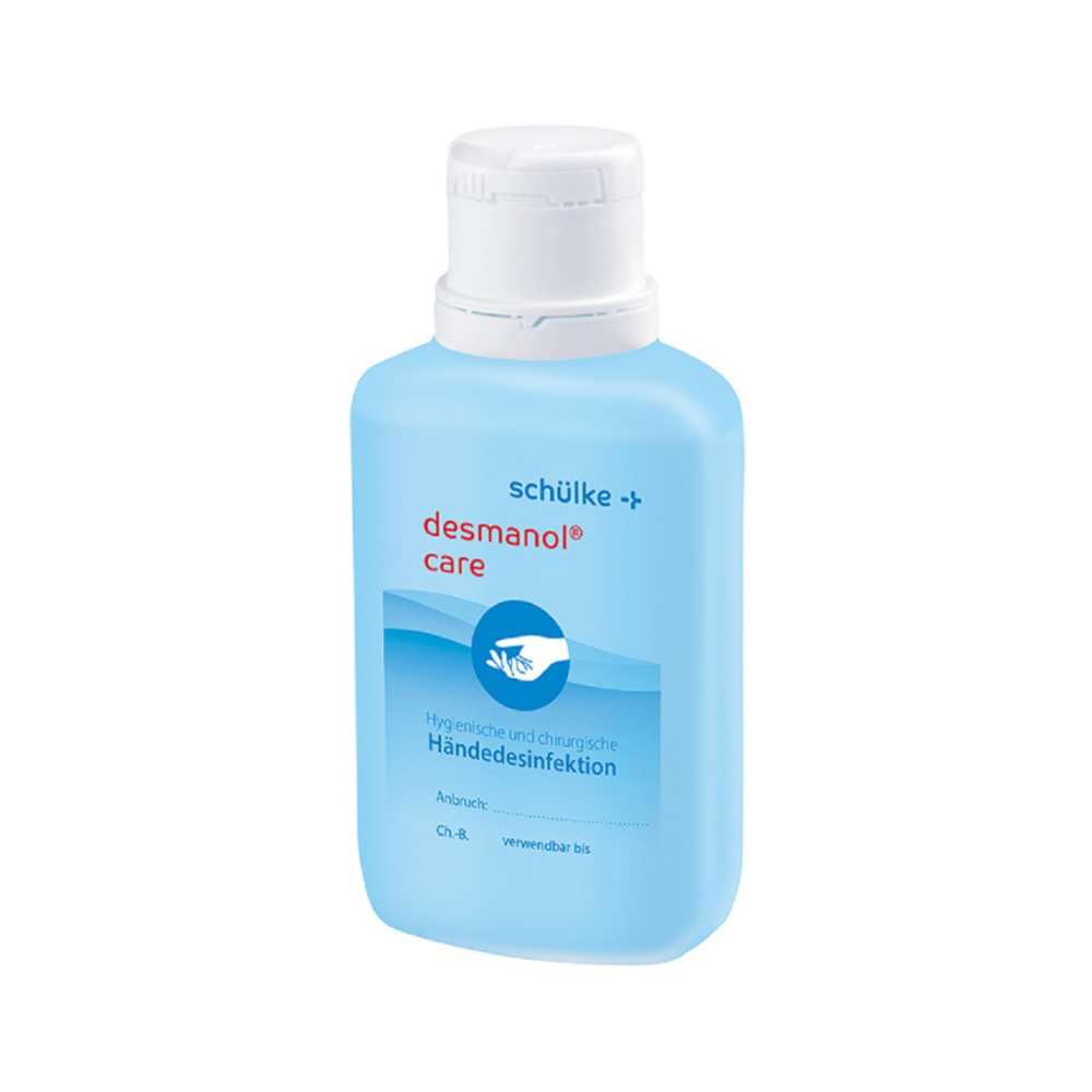 Eine Flasche Schülke desmanol® care Händedesinfektionsmittel der Schülke & Mayr GmbH mit einer blauen Flüssigkeit und einem Etikett mit Produktdetails in weißer und blauer Schrift.