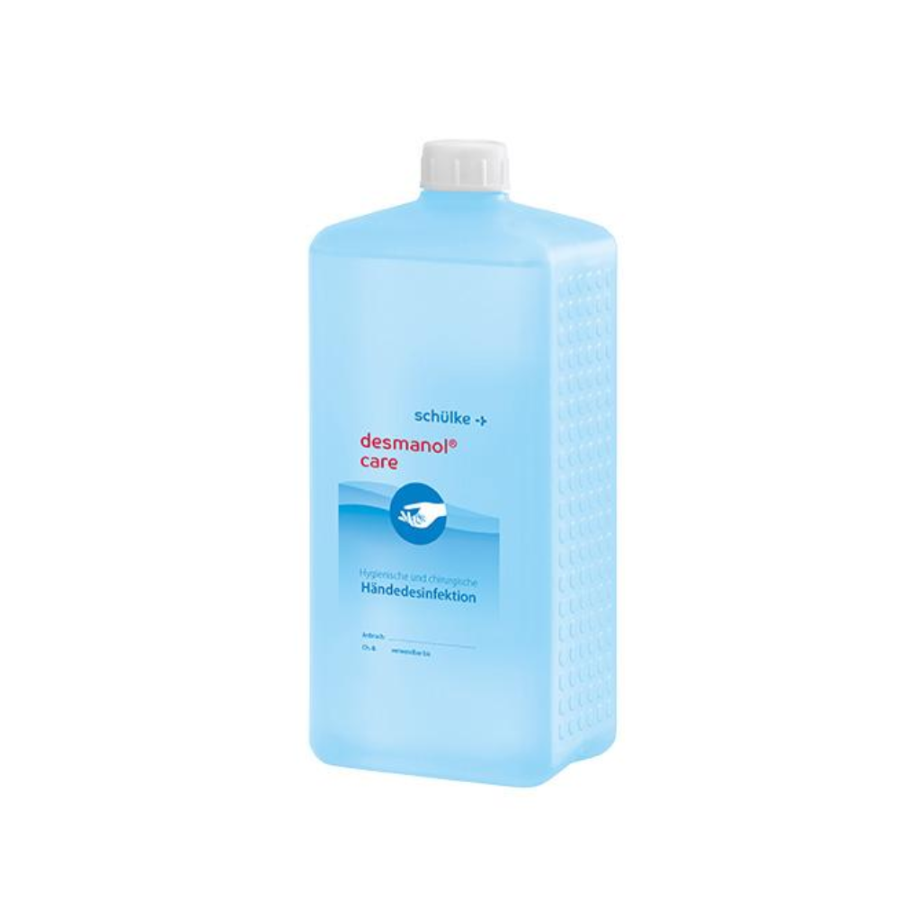 Eine blaue Flasche Schülke desmanol® care Händedesinfektionsmittel der Schülke & Mayr GmbH mit dem Markenlogo und Produktdetails auf dem Etikett. Die Flasche hat einen weißen Verschluss und steht vor