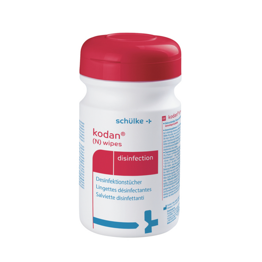 Ein Behälter Schülke kodan® (N) Wipes Flächendesinfektion von Schülke & Mayr GmbH mit rotem Deckel. Das Etikett enthält mehrsprachigen Text und ein blaues Kreuzsymbol, das auf die medizinische Verwendung hinweist.