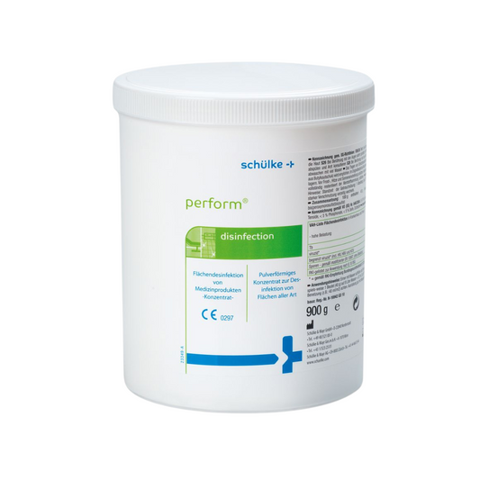 Weiße Kunststoffdose der Desinfektionstücher Schülke perform® Flächendesinfektion der Schülke & Mayr GmbH, grün-blau beschriftet, mit einem Fassungsvermögen von 900 Gramm und vorgesehen für die Flächendesinfektion.