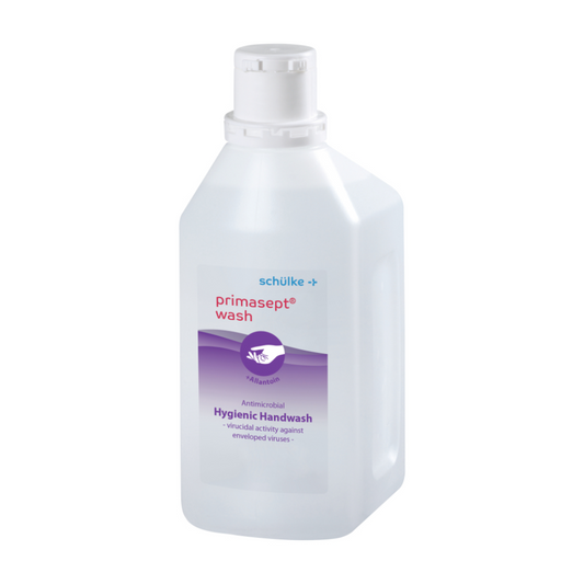 Eine weiße Flasche Schülke primasept® wash der Schülke & Mayr GmbH mit der Aufschrift „Antimikrobielle Waschlotion“ und dem Anspruch auf viruzide Wirkung vor einem einfarbigen Hintergrund.