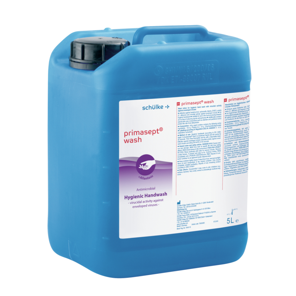 Ein blauer 5-Liter-Plastikkanister mit Schülke primasept® wash Waschlotion, mit der Aufschrift „hygienische Händewaschung“. Auf dem Etikett finden Sie außerdem ausführliche Produktinformationen und Hinweise.