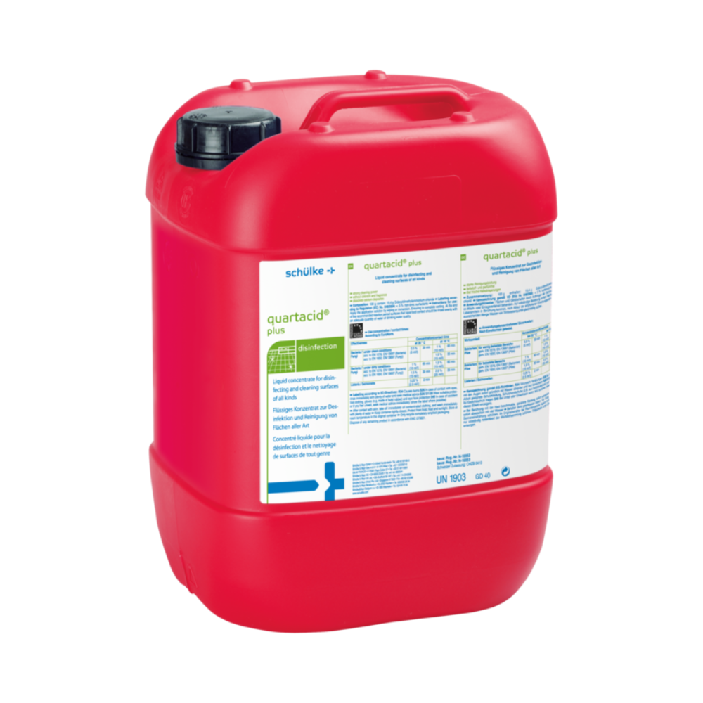 A large red 10-liter plastic canister with a black screw cap and handle, labeled with a white tag for the discontinued item of Schülke & Mayr GmbH: schülke quartacid® plus surface disinfection concentrate.