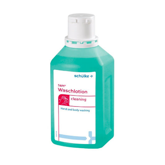 Eine Flasche Schülke & Mayr GmbH Schülke s&m Waschlotion mit frischem Duft mit der Aufschrift „Hand- und Körperwäsche“. Die Flasche hat einen weißen Verschluss und einen blaugrünen Körper mit einem weißen Etikett mit rotem und blauem Text.