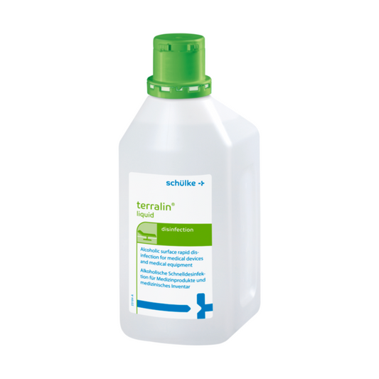 Weiße Kunststoffflasche mit dem flüssigen Desinfektionsmittel terralin® der Schülke & Mayr GmbH mit grünem Verschluss, gekennzeichnet für die Verwendung auf Medizinprodukten und Oberflächen. Das Etikett ist blau und weiß mit Text.