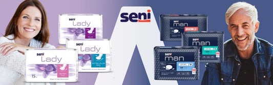Werbebanner für Seni Inkontinenzprodukte: Links lächelnde Frau neben „Seni Lady“-Einlagen in verschiedenen Varianten, rechts lächelnder Mann neben „Seni Man“-Einlagen. In der Mitte das Seni-Logo. Darstellung von diskreten Inkontinenzlösungen für Frauen und Männer.