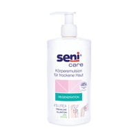 The 500-ml tube of the Seni Care Body Lotion for Dry Skin by TZMO Deutschland GmbH contains 4% urea, trehalose, and allantoin to deeply moisturize dry skin. This vegan formula is labeled in German and features a pump dispenser for easy application.