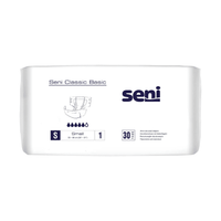 Eine Packung Seni Classic Basic Inkontinenzhose (Größe S, 30 Stück, 55–80 cm) von TZMO Deutschland GmbH mit atmungsaktiver Außenschicht für Komfort bei Blasenschwäche; Enthält Diagramme und Saugfähigkeitssymbole auf der Verpackung.