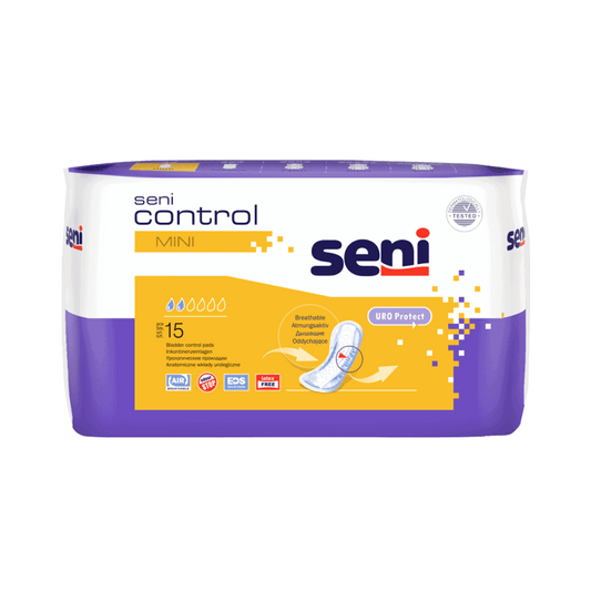 Eine Packung Seni Control Mini Inkontinenzeinlagen der TZMO Deutschland GmbH im lila-weißen Design mit hervorgehobenen Produktdetails und Eigenschaften auf dem Etikett bietet außergewöhnlichen Tragekomfort.