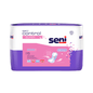 The Seni Control Super incontinence pad from TZMO Deutschland GmbH comes in a purple-white design, showing comfort and absorbency on the label with a pad illustration. The package contains 15 pieces.