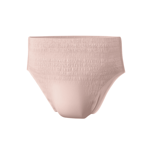 Ein Paar saugfähige Unterwäsche Seni Lady Pants in Hellrosa, entworfen von TZMO Deutschland GmbH für Geruchskontrolle, abgebildet vor einem weißen Hintergrund. Der Stoff wirkt weich und strukturiert.