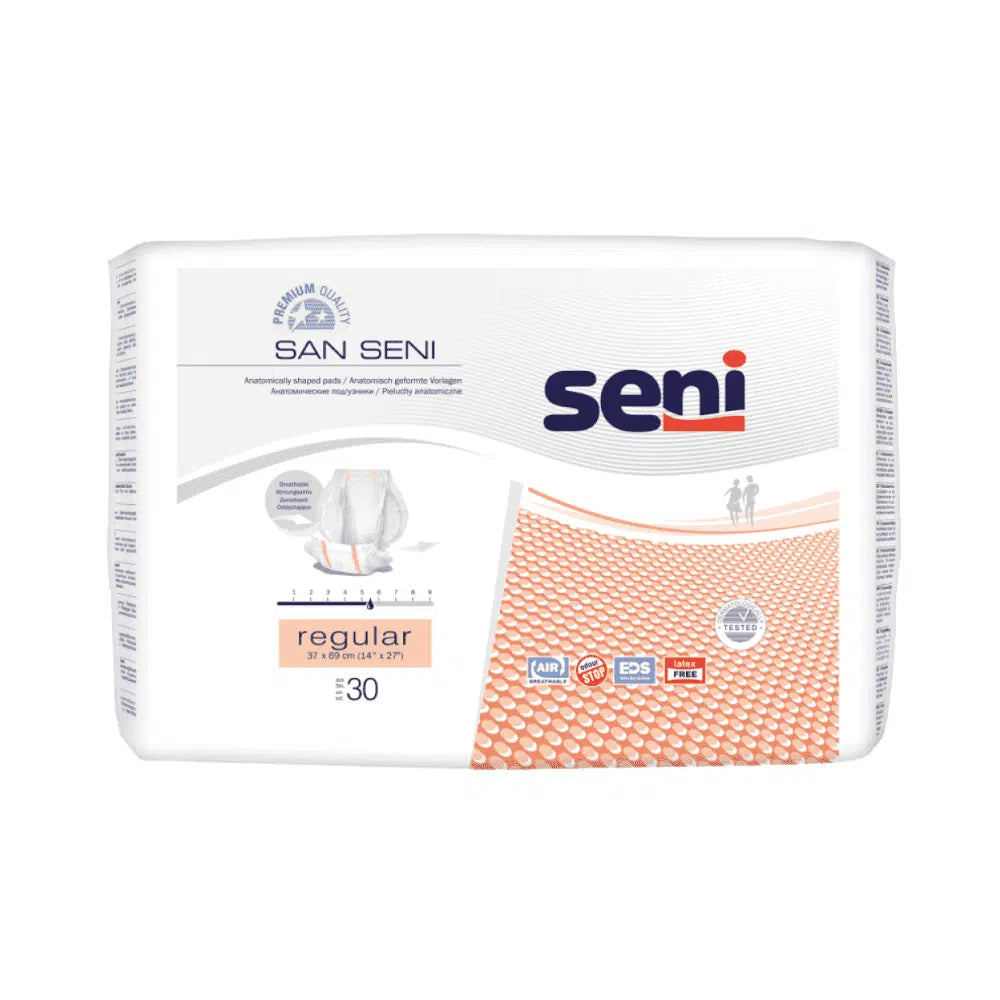 A pack of Seni San Regular incontinence pads | Pack (30 pieces) for moderate bladder weakness. On the front, you can see the logo of TZMO Deutschland GmbH, the product name, and the size (Regular). Additionally, there are symbols representing features such as Air Comfort, side protection, and absorbent core. The package contains 30 diapers for the treatment of incontinence pads.