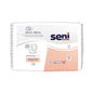 A pack of Seni San Regular incontinence pads | Pack (30 pieces) for moderate bladder weakness. On the front, you can see the logo of TZMO Deutschland GmbH, the product name, and the size (Regular). Additionally, there are symbols representing features such as Air Comfort, side protection, and absorbent core. The package contains 30 diapers for the treatment of incontinence pads.