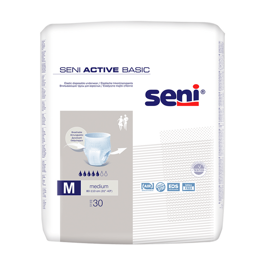 Eine Packung Seni Active Basic Inkontinenzpants, Größe M-XL – 30 Stück von TZMO Deutschland GmbH für Blasenschwäche, zeigt die Produkteigenschaften. Die Packung ist überwiegend weiß mit blauen und grauen Akzenten.