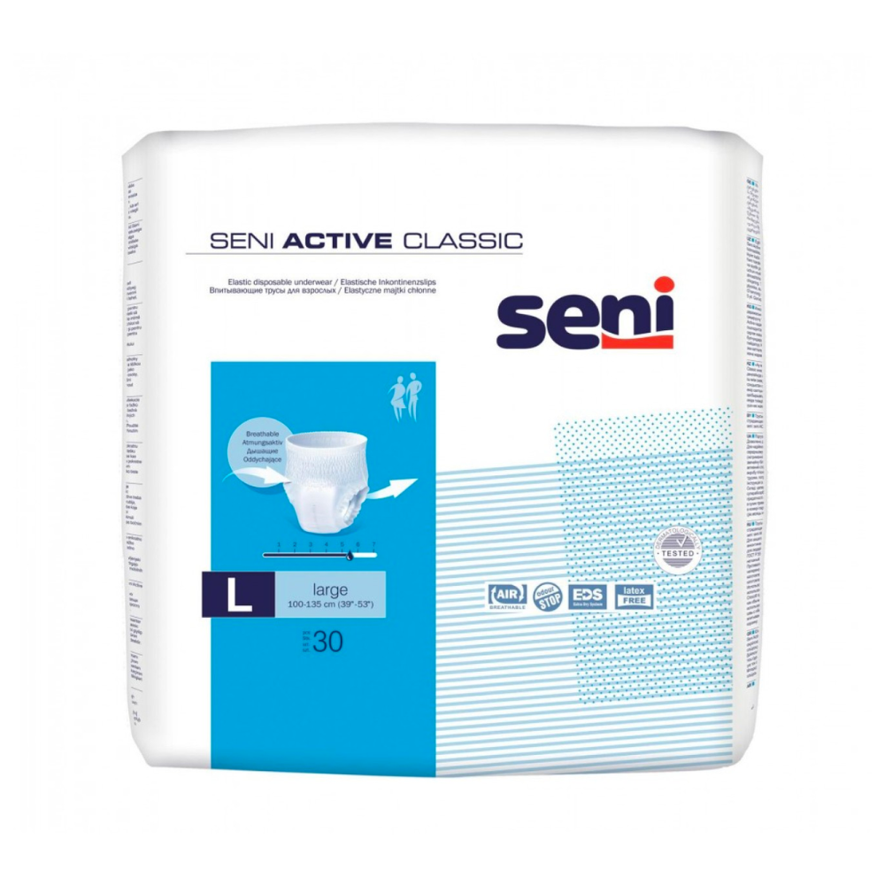 Eine Packung Seni Active Classic Inkontinenzhosen der TZMO Deutschland GmbH in Größe Large mit blau-weißem Design, die 30 Stück enthält. Auf der Vorderseite sind Symbole angebracht, die auf atmungsaktives Material und Hautfreundlichkeit hinweisen.