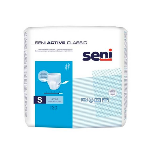 Eine Packung Seni Active Classic Inkontinenzpants Einwegunterwäsche in Größe S, mit Produktinformationen und dem Markenlogo der TZMO Deutschland GmbH auf einem überwiegend weiß-blauen Design.