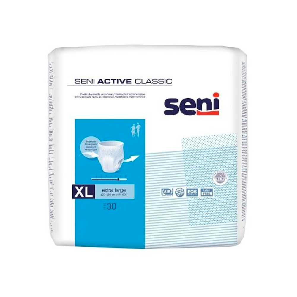 Eine Packung Seni Active Classic Inkontinenzpants, Größe S-XL – 30 Stück der TZMO Deutschland GmbH mit Größen- und Mengenangaben auf der Verpackung.