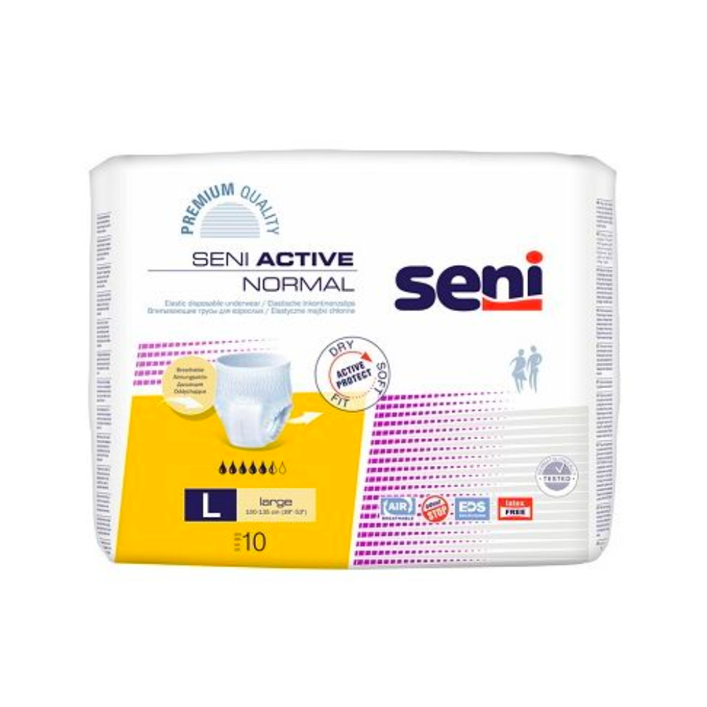 Seni Active Normal incontinence pants by TZMO Deutschland GmbH: adult size Large, 1700 ml capacity. Ideal for bladder weakness, the packaging shows product information, a diagram, and highlights the wetness indicator.