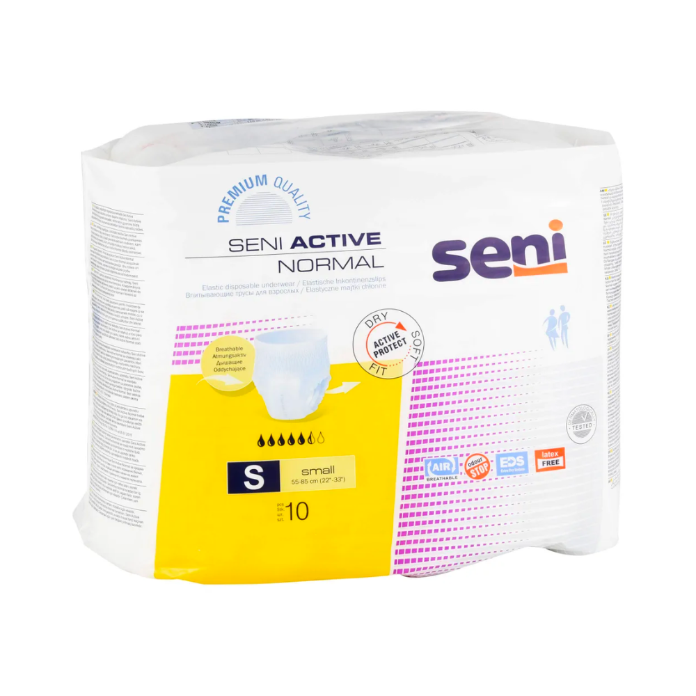 Seni Active Normal incontinence pants by TZMO Deutschland GmbH, size S, pack of 10. The predominantly white packaging with yellow accents shows the absorbency and a wetness indicator for bladder weakness.