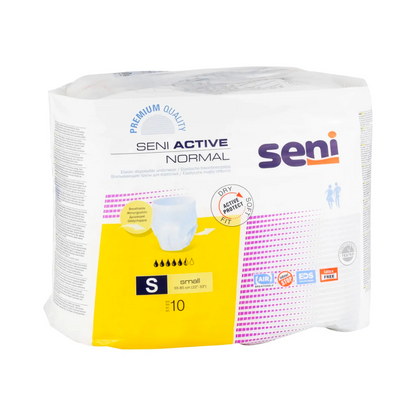 Seni Active Normal incontinence pants by TZMO Deutschland GmbH, size S, pack of 10. The predominantly white packaging with yellow accents shows the absorbency and a wetness indicator for bladder weakness.