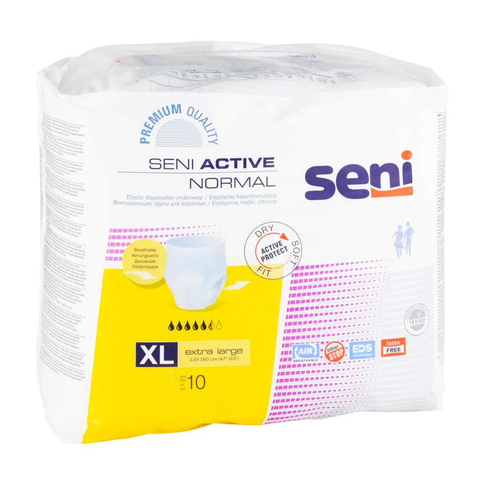 Eine Packung Seni Active Normal Inkontinenzhosen der TZMO Deutschland GmbH im weiß-gelben Design, gekennzeichnet für Atmungsaktivität und Tragekomfort, zehn Stück im Lieferumfang enthalten.