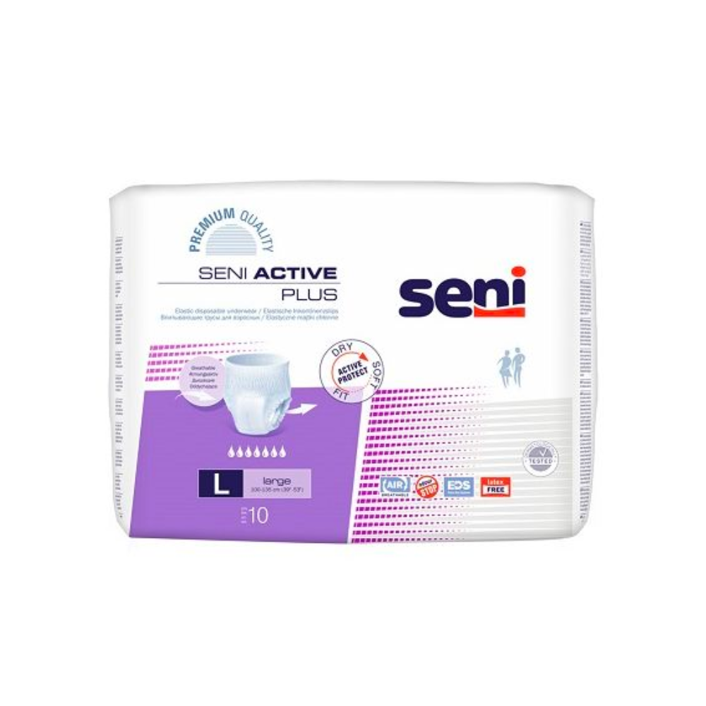 Eine Packung Seni Active Plus Inkontinenzpants - 10 Stück Erwachsenenwindeln von TZMO Deutschland GmbH in weiß-lila Farbgebung mit Symbolen für Tragekomfort, Geruchskontrolle und Premiumqualität. Enthält 10 Stück.