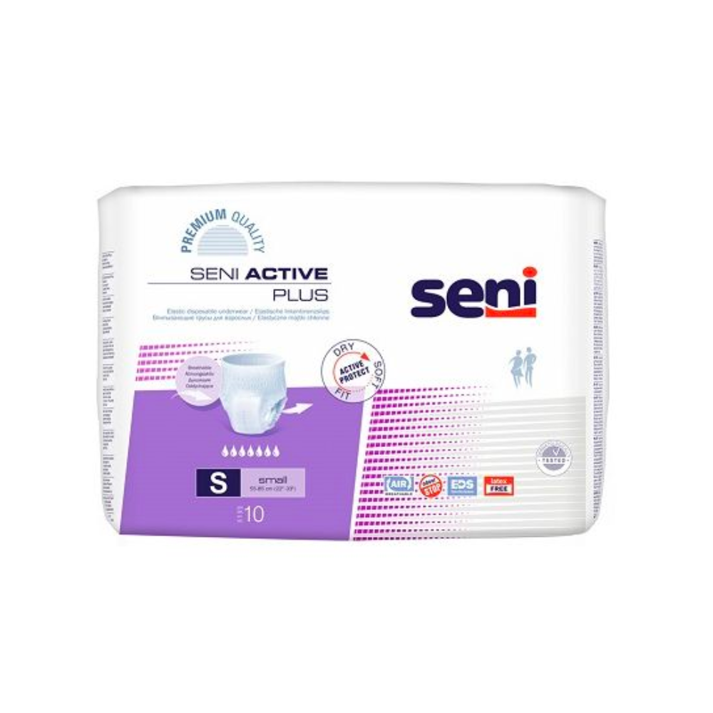 Eine Packung TZMO Deutschland GmbH Seni Active Plus Inkontinenzpants – 10 Stück mit „Premium Qualität“-Label und detaillierten Produkteigenschaften einschließlich Atmungsaktivität und Tragekomfort.