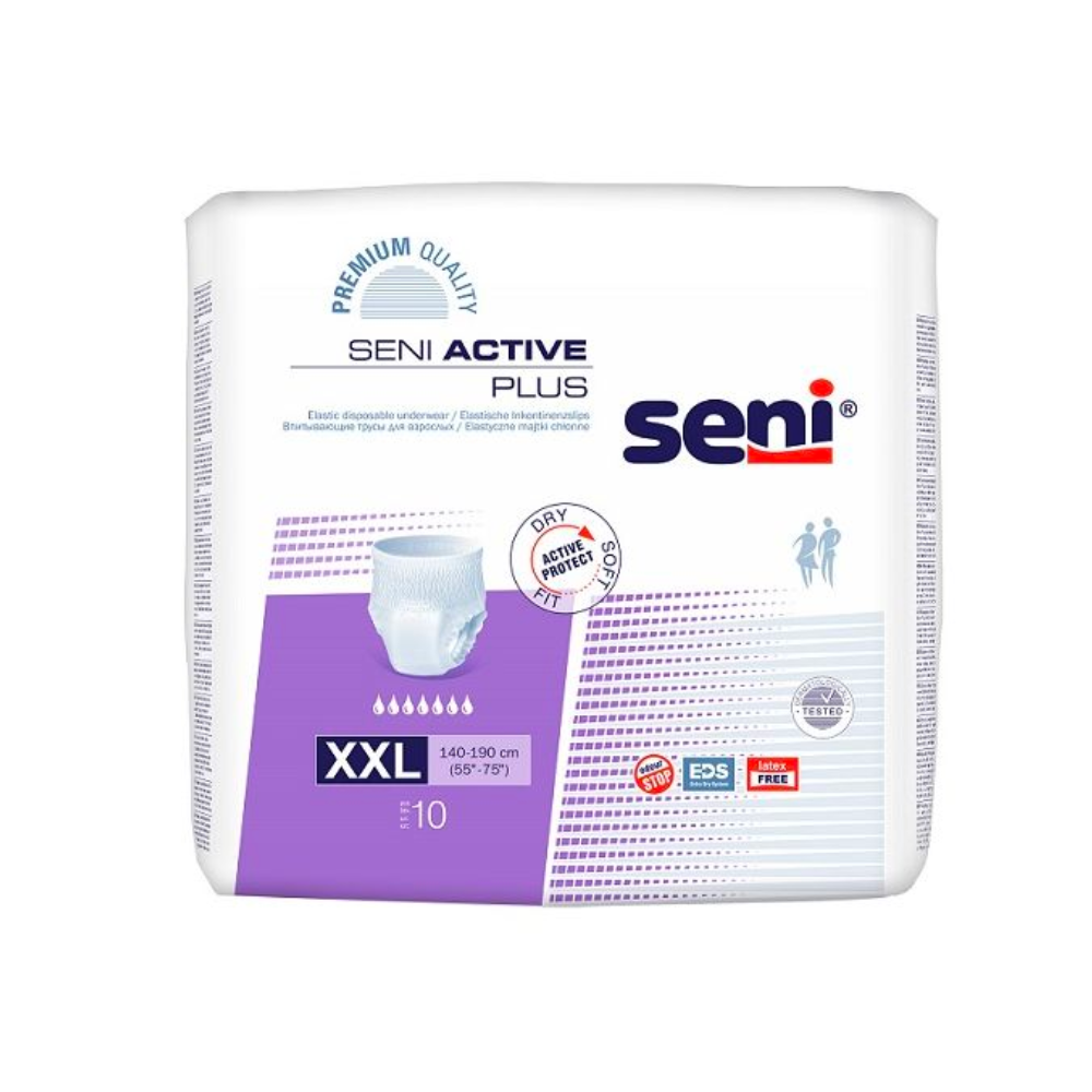 Eine Packung Seni Active Plus Inkontinenzpants Einwegunterwäsche in der Größe XXL mit Produkteigenschaften wie Atmungsaktivität und Elastizität, mit einem weiß-violetten Design.