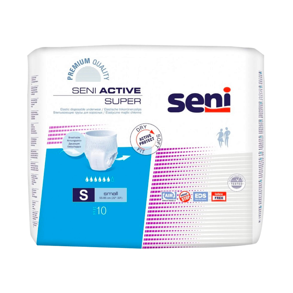 Eine Packung Seni Active Super Inkontinenzpants – 10 Stück, speziell entwickelt für Blasenschwäche, mit einer Gesamtanzahl von 10 Stück in der Packung, mit verschiedenen Gesundheits- und Sicherheitssymbolen von TZMO Deutschland GmbH.