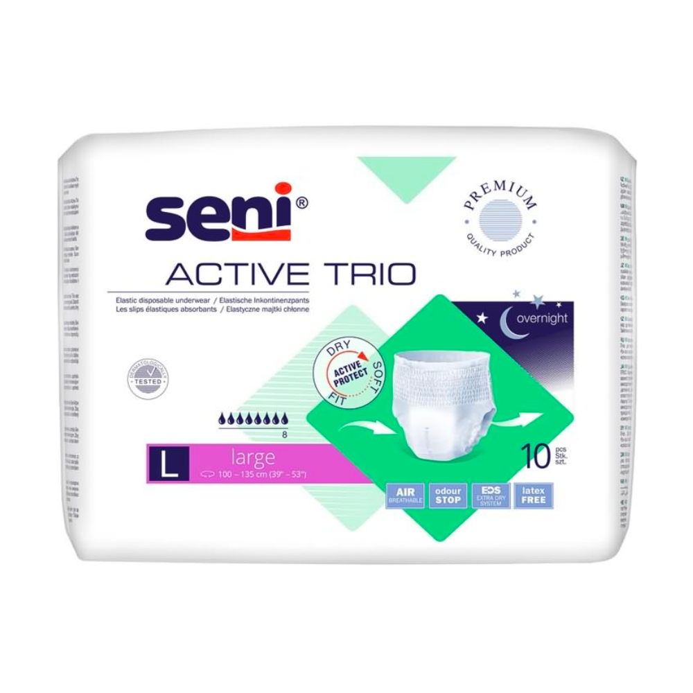 A pack of 10 Seni Active Trio incontinence pants from TZMO Deutschland GmbH, size L with purple/green accents. The packaging emphasizes dryness, absorbency, air circulation, and odor control for bladder weakness. Suitable for overnight use.