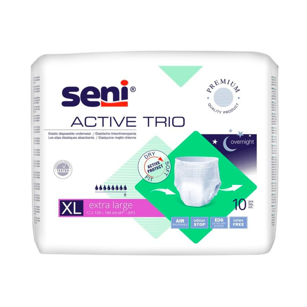 Eine Packung Seni Active Trio Inkontinenzpants - 10 Stück der TZMO Deutschland GmbH, hochwertige Erwachsenenwindeln in der Größe Extra Large, konzipiert für den Einsatz über Nacht bei schwerer Inkontinenz.