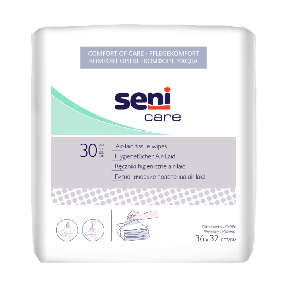 The TZMO Deutschland GmbH Seni Care Hygiene Wipes Air-Laid Pack contains 30 wipes (36 x 32 cm) for effective skin cleansing, with multilingual product information and application images on the white packaging.