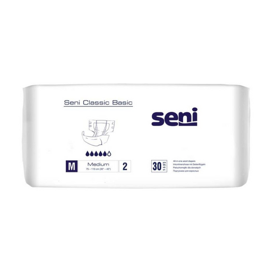 Eine Packung Seni Classic Basic Inkontinenzhose für Erwachsene bei Blasenschwäche in mittlerer Größe mit einem klaren Etikett mit Produktdetails und Menge. Die Packung ist weiß mit blauem Text und Logo.