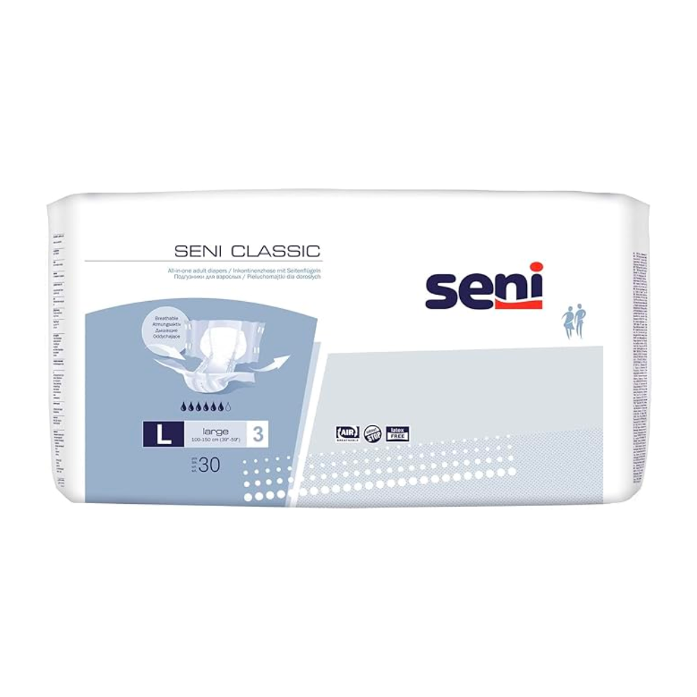 Eine Packung Seni Classic Inkontinenzhosen-Windeln für Erwachsene in Größe L, entwickelt für Blasenschwäche, mit Produktinformationen und Branding auf einem überwiegend weiß-blauen Design von TZMO Deutschland GmbH.