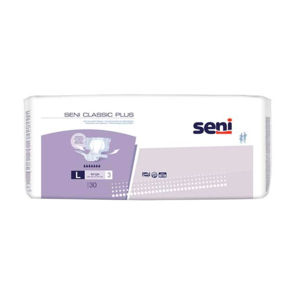 Eine Packung Seni Classic Plus Inkontinenzhosen der TZMO Deutschland GmbH in Größe L mit weißem und violettem Design, auf dem Produktmerkmale und Symbole für Saugfähigkeit, Komfort und ein Nässeindikator angezeigt werden.