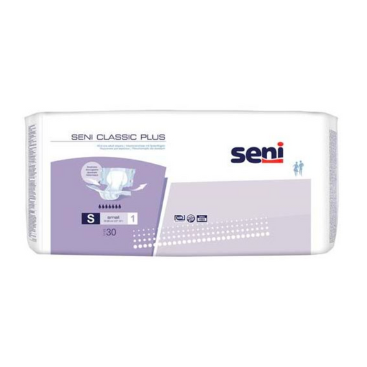 Eine Packung Seni Classic Plus Inkontinenzhosen für Erwachsene in Größe S mit einer Stückzahl von 30, in weißer und lavendelfarbener Verpackung mit Logos der TZMO Deutschland GmbH, Produktinformationen und einem Nässeindikator.
