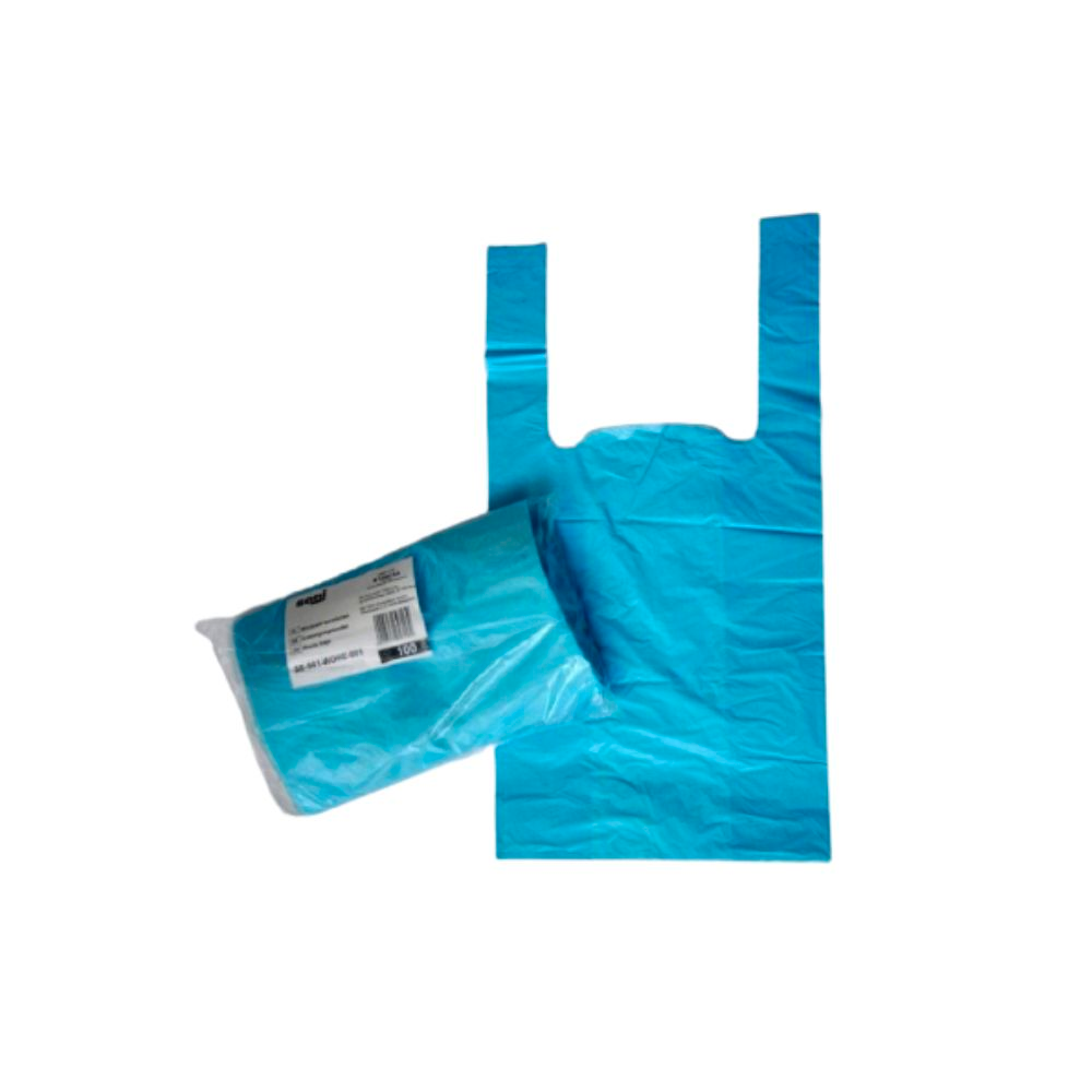 A roll of blue Seni disposal bags from TZMO Deutschland GmbH with the inscription "HDPE 5 liters" and "odor neutralizing" lies next to an unfolded bag. The unfolded bag, which is intended to be used as a disposal bag, has two handles and a rectangular shape on a plain white background.