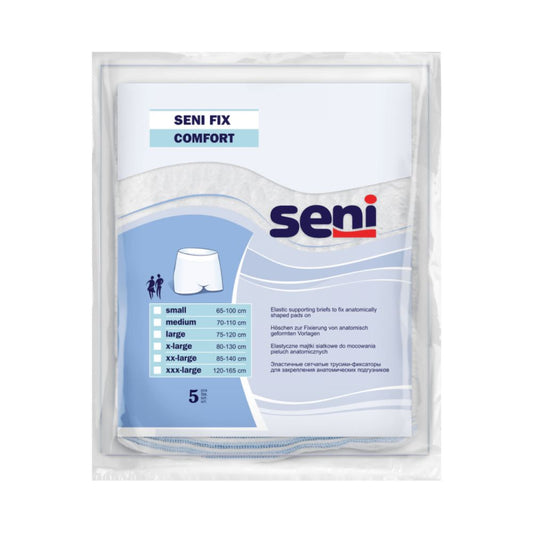 Verpackung der elastischen Fixierhöschen „Seni Fix Soft“ der TZMO Deutschland GmbH im versiegelten Kunststoffbeutel, abgebildet in den Größen Small bis XXXL in den Farben Blau und Weiß.