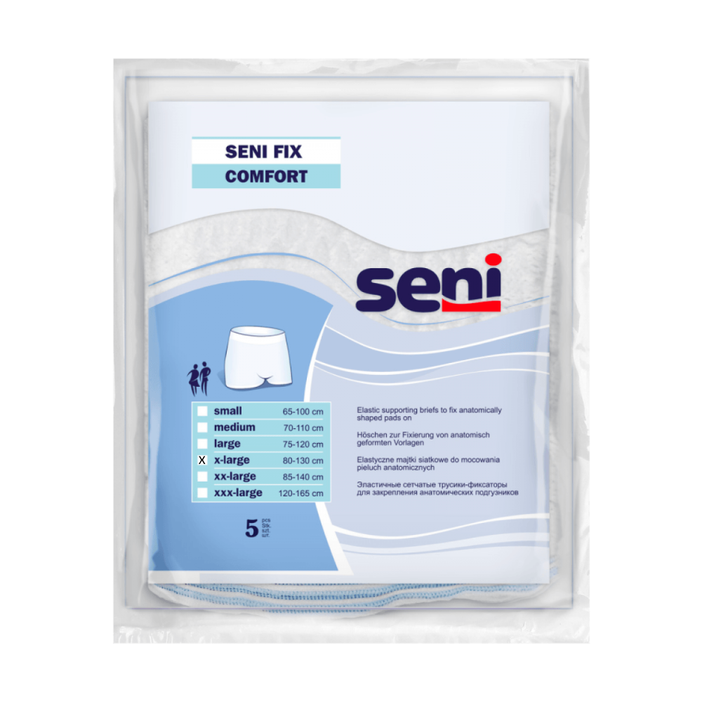 Verpackung der Erwachsenenwindeln Seni Fix Soft elastische Fixierhöschen der TZMO Deutschland GmbH mit den verfügbaren Größen S bis XXX-Large, die Packung enthält 5 Windeln sowie Text in Englisch und anderen Sprachen mit Produkteigenschaften.