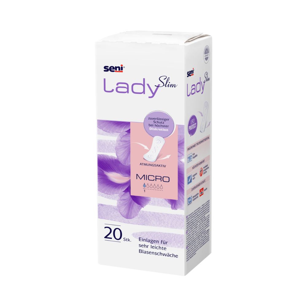 A white, rectangular box with discontinued item: Seni Lady Slim Micro pad by TZMO Deutschland GmbH with purple accents, feather motif, and text. The package contains 20 pads for very light incontinence.