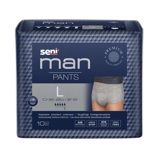 Eine Packung Seni Man Pants saugfähige Unterwäsche für Männer der TZMO Deutschland GmbH, hochwertige Erwachsenenwindeln für Inkontinenz in großer Größe, mit grauem Bund und einem Diagramm, das die Passform an einer Schaufensterpuppe zeigt. Enthält 10