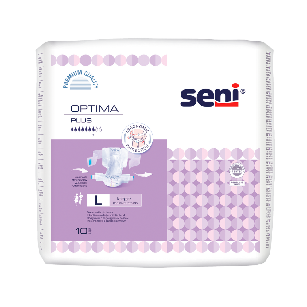 Eine Packung Seni Optima Plus Inkontinenzvorlagen mit Hüftbund – 10 Stück der TZMO Deutschland GmbH in Größe L, mit einem lila-weißen Design mit Produktinformationen und Symbolen, die die Funktionen für Bl darstellen.