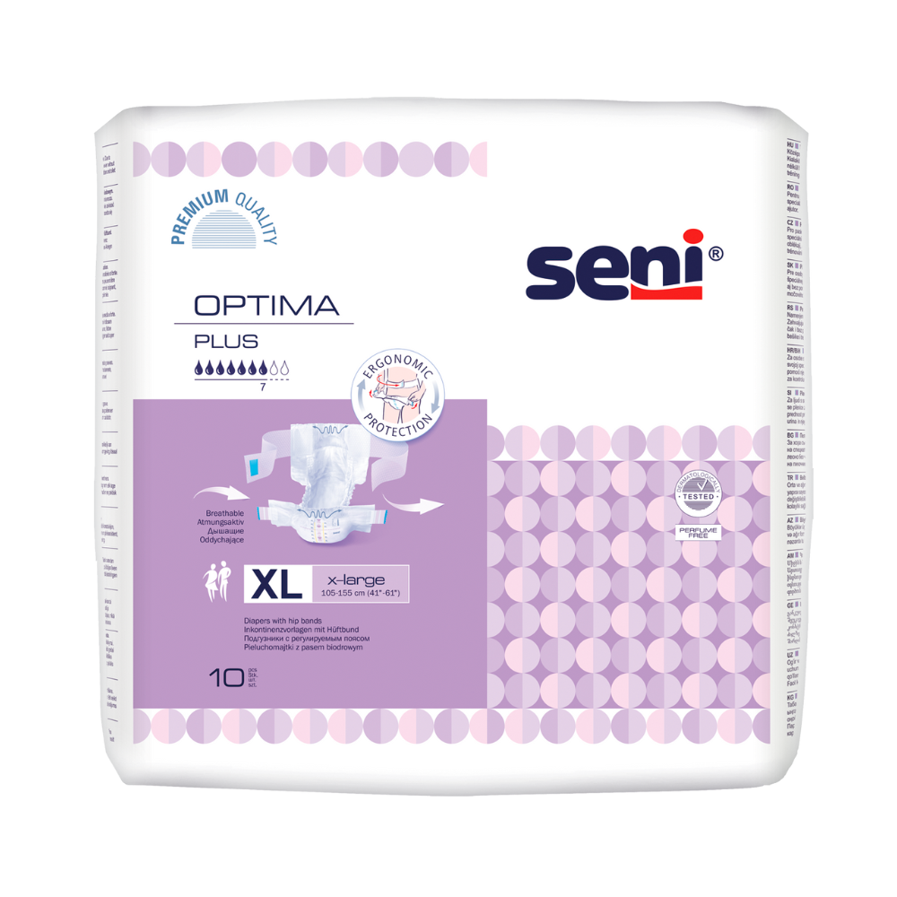 Eine Packung mit TZMO Deutschland GmbH Seni Optima Plus Inkontinenzvorlagen mit Hüftbund - 10 Stück Erwachsenenwindeln in Größe XL, mit einem weiß-lila Design, das das Produkt und seine atmungsaktiven, auslaufsicheren Eigenschaften zeigt. Enthält 10 Stück.