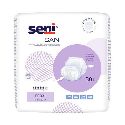 Eine Packung Seni San Maxi Inkontinenzvorlage Erwachsenenwindeln, konzipiert für Blasenschwäche, enthält 30 atmungsaktive und latexfreie Windeln mit den Eigenschaften „Air Comfort“ und „Odor Stop“. (Markenname: TZMO Deutschland GmbH)