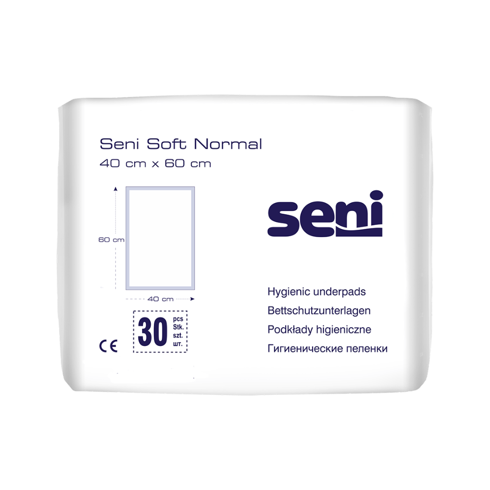 Paket mit Seni Soft Normal Bettschutzunterlage von TZMO Deutschland GmbH - 30 Stück, Größe 40 cm x 60 cm, mit Text in mehreren Sprachen, darunter Englisch, Deutsch und Russisch. Das Paket ist weiß mit