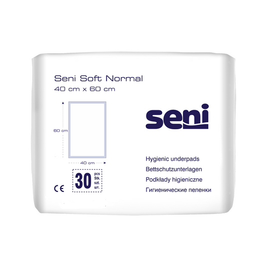 Paket mit Seni Soft Normal Bettschutzunterlage von TZMO Deutschland GmbH - 30 Stück, Größe 40 cm x 60 cm, mit Text in mehreren Sprachen, darunter Englisch, Deutsch und Russisch. Das Paket ist weiß mit