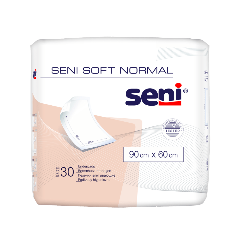 Ein Paket TZMO Deutschland GmbH Seni Soft Normal Bettschutzunterlagen – 30 Stück, Größe 90 cm x 60 cm. Die Verpackung ist weiß mit blauen und pfirsichfarbenen Akzenten und enthält 30 Unterlagen.
