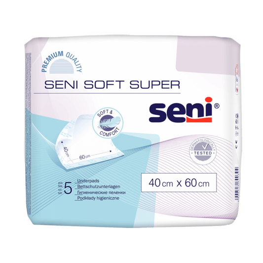 Ein Paket Seni Soft Super Bettschutzunterlagen der TZMO Deutschland GmbH, gekennzeichnet als Premiumqualität, hautfreundlich und dermatologisch getestet. Die Größe beträgt 40 cm x 60 cm, abgebildet auf