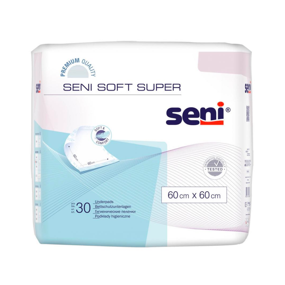 Eine Packung Seni Soft Super Bettschutzunterlagen, verschiedene Größen – 30 Stück von TZMO Deutschland GmbH. Die Verpackung ist weiß und hellblau und trägt den Produktnamen, das Markenlogo und den Hinweis, dass sie 30 Stück enthält.